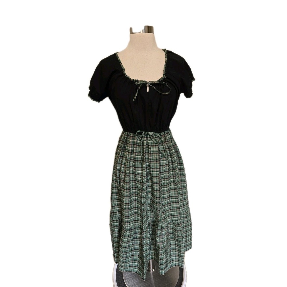 1960s 70s Vintage Womens Dress High Waist Green Plaid Schoolgirl Cinch Tie Bust